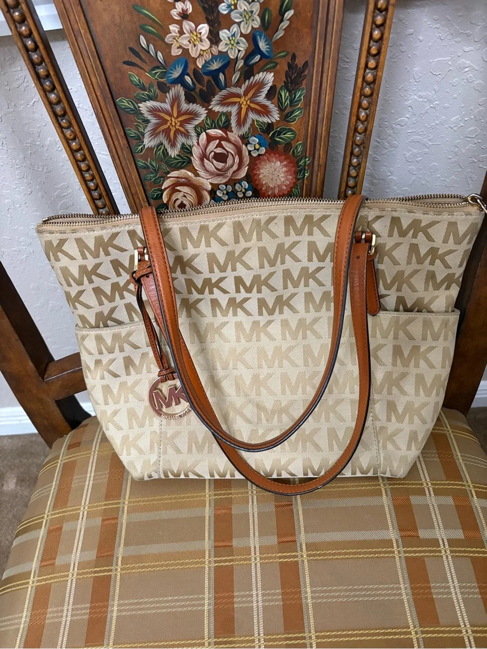 Michael Kors Cream Signature MK Tote with Tan Leather Straps